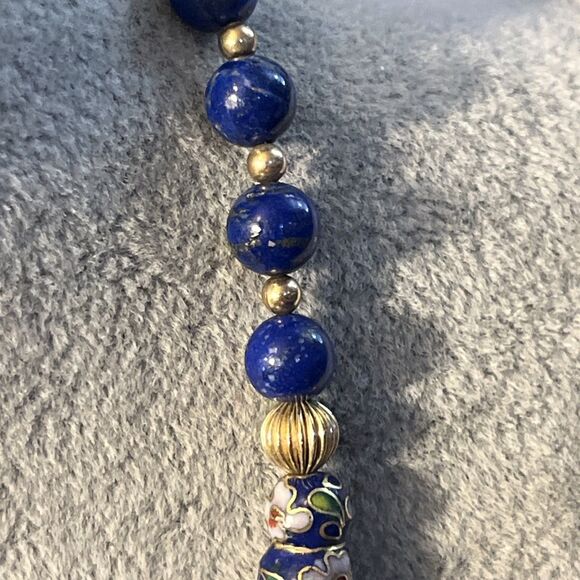 Vintage Lapis Lazuli & Cloisonné Beaded Necklace Unique Shaped 24” - Picture 8 of 13